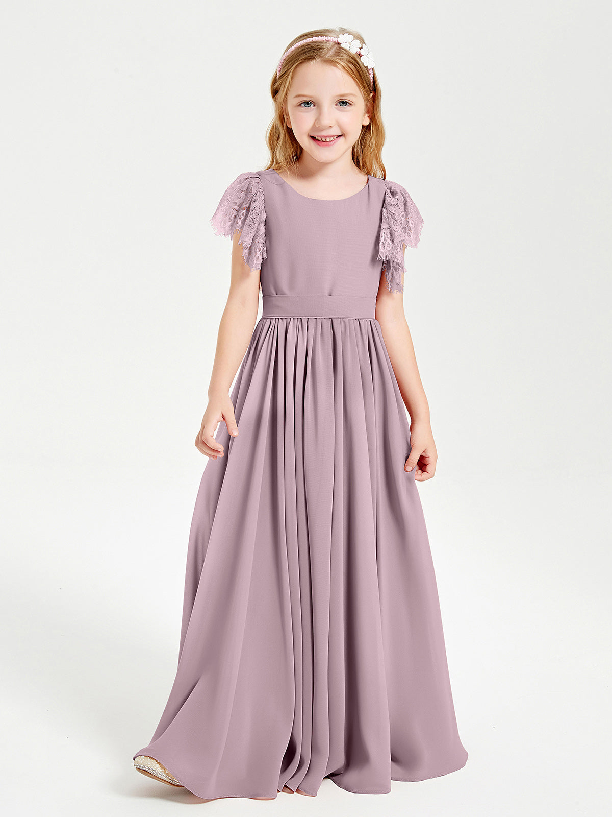 Chiffon Junior Bridesmaid Dresses with Lace Flutter Sleeves Dusk